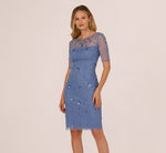 Short Sleeve Illusion Floral Beaded Sheath Dress In French Blue 2