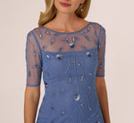 Short Sleeve Illusion Floral Beaded Sheath Dress In French Blue 3