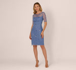 Short Sleeve Illusion Floral Beaded Sheath Dress In French Blue 7