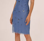 Short Sleeve Illusion Floral Beaded Sheath Dress In French Blue 4