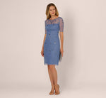 Short Sleeve Illusion Floral Beaded Sheath Dress In French Blue 1