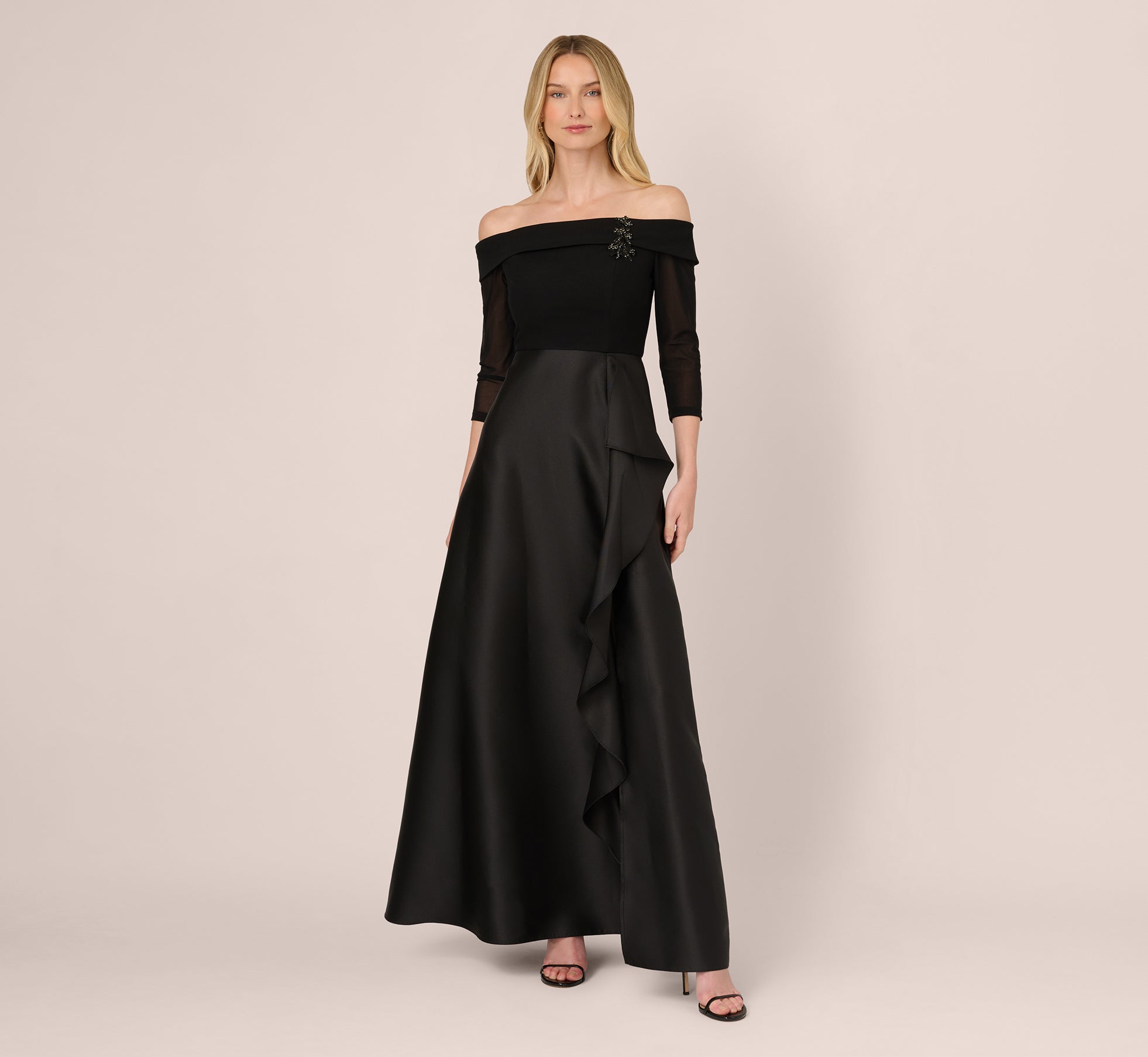 Black Off Shoulder Draped Mikado Combo Gown - Adrianna Papell display picture 1