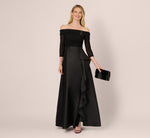 Off Shoulder Draped Mikado Combo Gown In Black 1