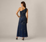 One Shoulder Floral Sequin Bead Gown In Light Navy 5
