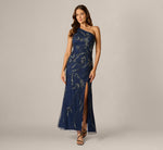 One Shoulder Floral Sequin Bead Gown In Light Navy 2