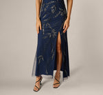 One Shoulder Floral Sequin Bead Gown In Light Navy 4