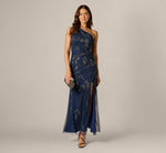 One Shoulder Floral Sequin Bead Gown In Light Navy 1