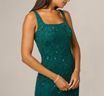 Square Neck Ivy Floral Sequin Beaded Gown In Gem Green 4