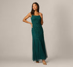 Square Neck Ivy Floral Sequin Beaded Gown In Gem Green 1