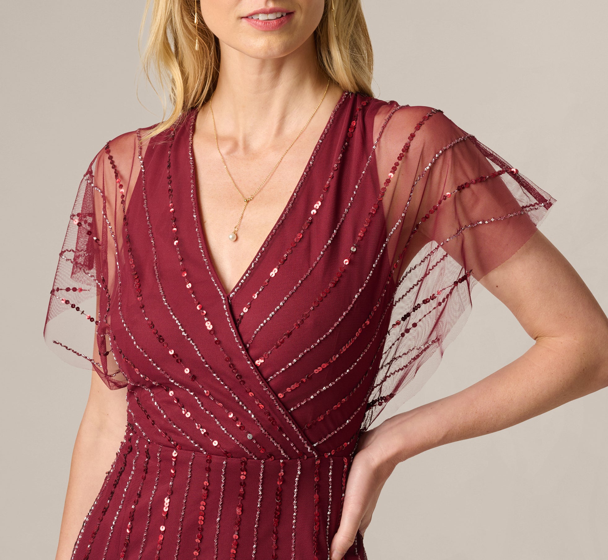 Red Surplice Bead Mesh Dress