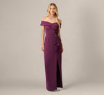 Off Shoulder Beaded Drape Stretch Formal Gown In Pinot Noir 2