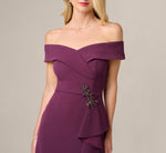 Off Shoulder Beaded Drape Stretch Formal Gown In Pinot Noir 4