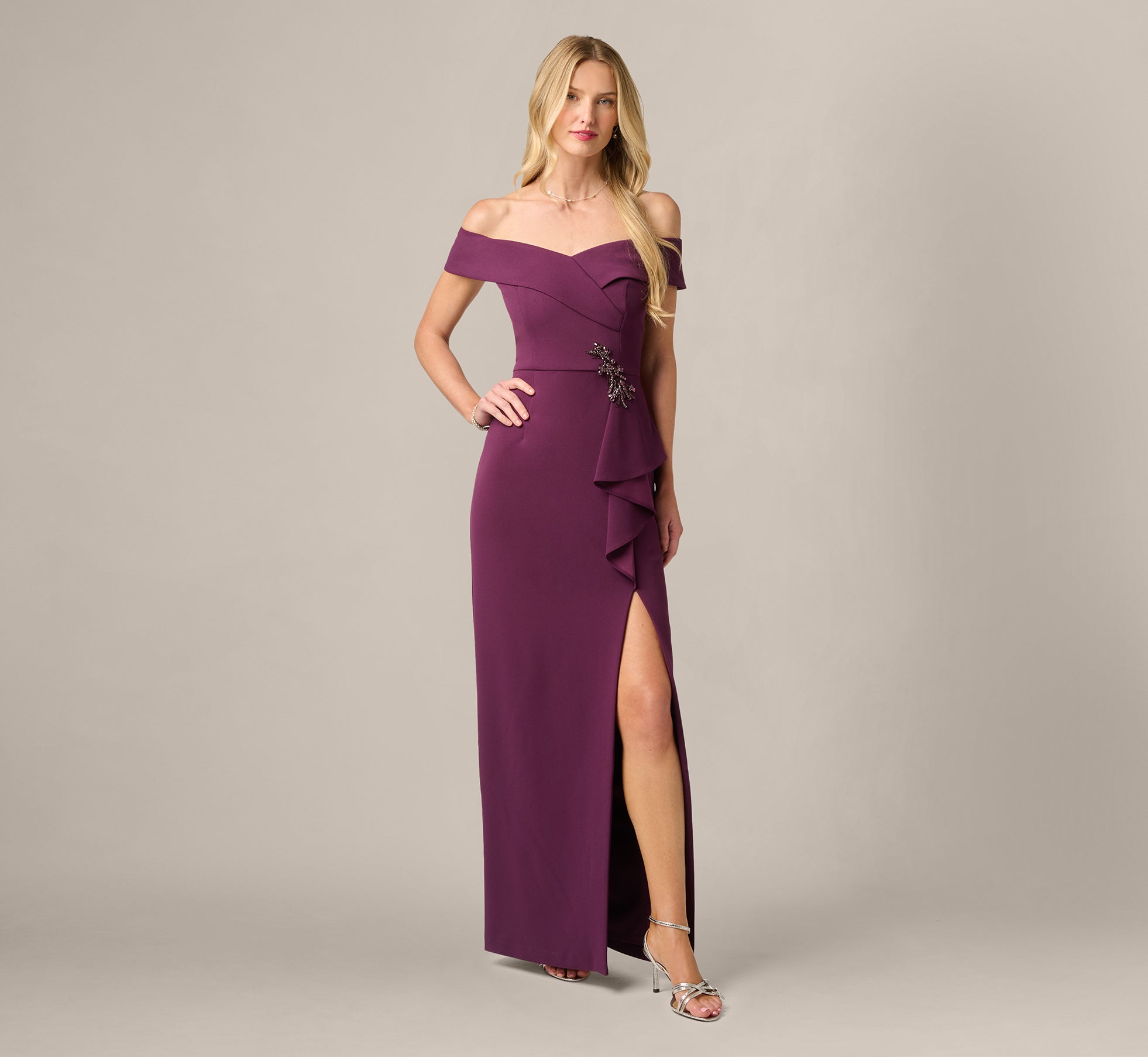 Off Shoulder Beaded Drape Stretch Formal Gown In Pinot Noir 1