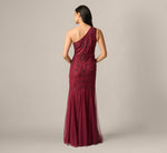 One Shoulder Scroll Floral Beaded Godet Gown In Mahogany 5