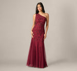 One Shoulder Scroll Floral Beaded Godet Gown In Mahogany 2