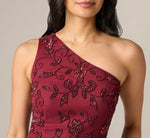 One Shoulder Scroll Floral Beaded Godet Gown In Mahogany 3