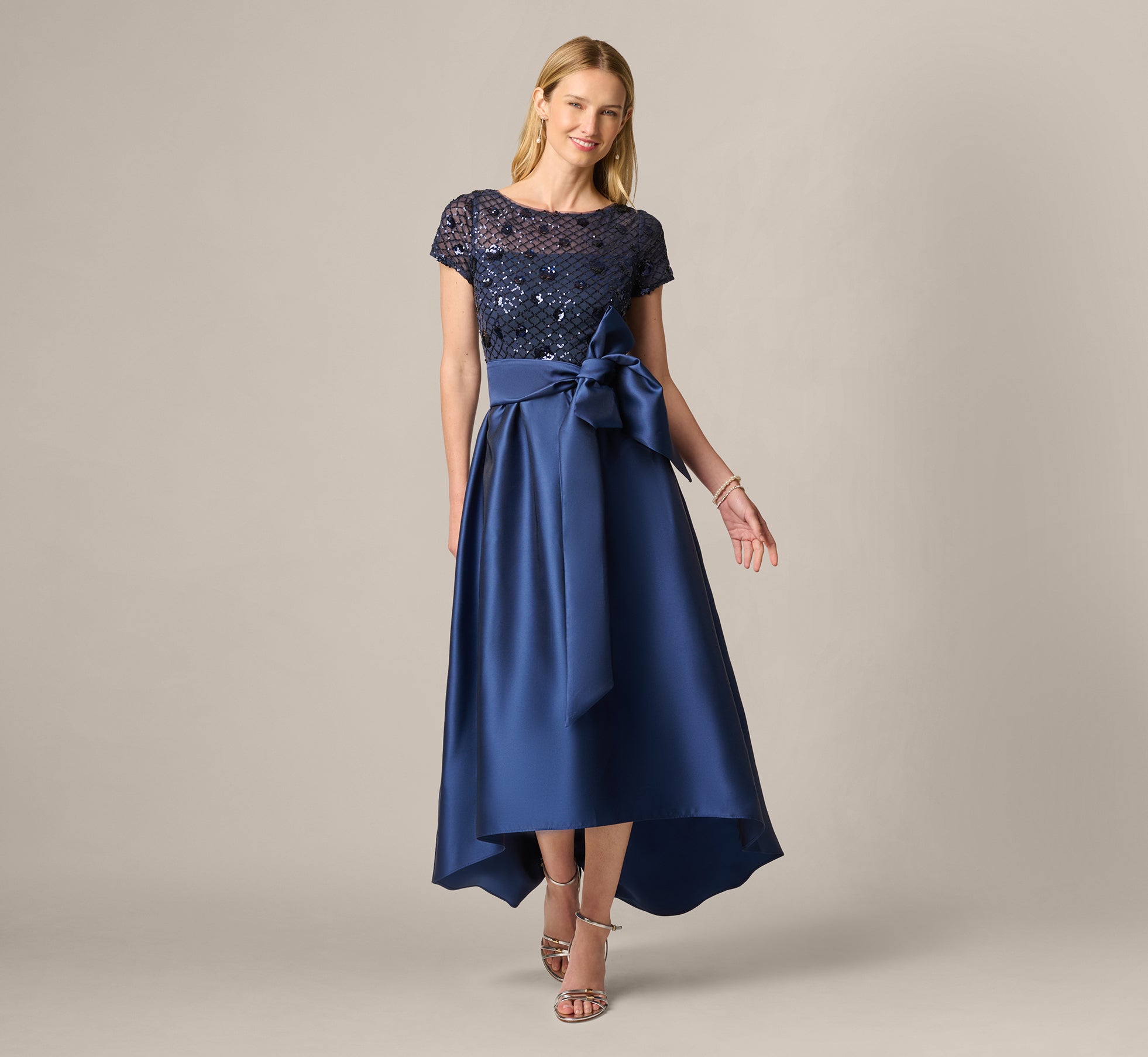 Short Sleeve Sequin Combo High Low Dress In Light Navy 1