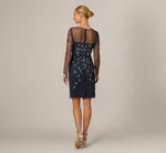 Long Sleeve Sequin Beaded Illusion Cocktail Dress In Navy Gunmetal 5