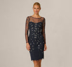 Long Sleeve Sequin Beaded Illusion Cocktail Dress In Navy Gunmetal 2