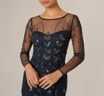 Long Sleeve Sequin Beaded Illusion Cocktail Dress In Navy Gunmetal 3