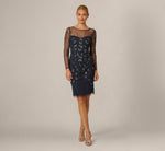 Long Sleeve Sequin Beaded Illusion Cocktail Dress In Navy Gunmetal 6