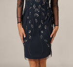 Long Sleeve Sequin Beaded Illusion Cocktail Dress In Navy Gunmetal 4