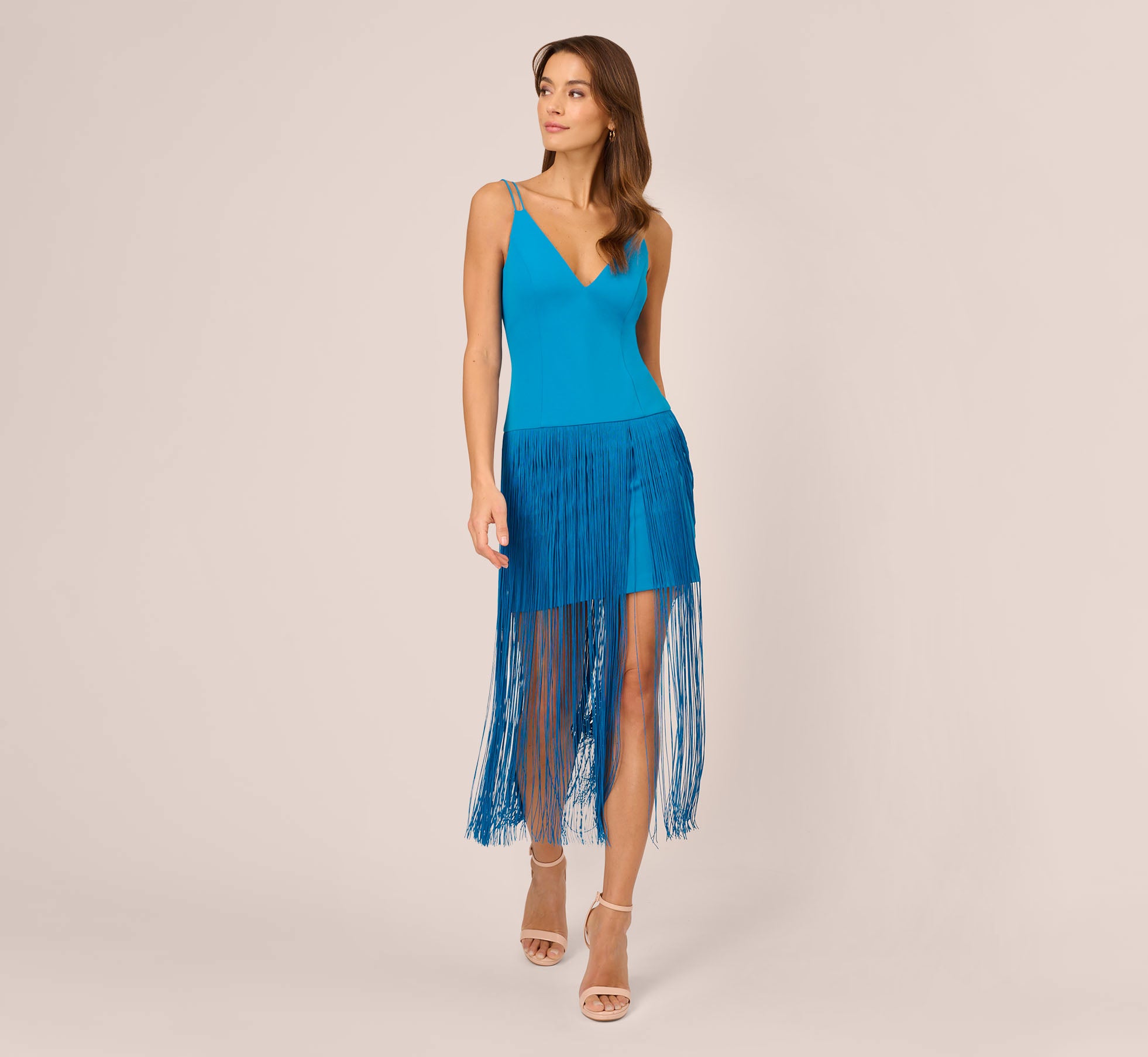 Adrianna Papell Crepe Fringe Dress With Spaghetti Straps And V-back Adrianna Papell Crepe Fringe Dress With Spaghetti Straps And V-back