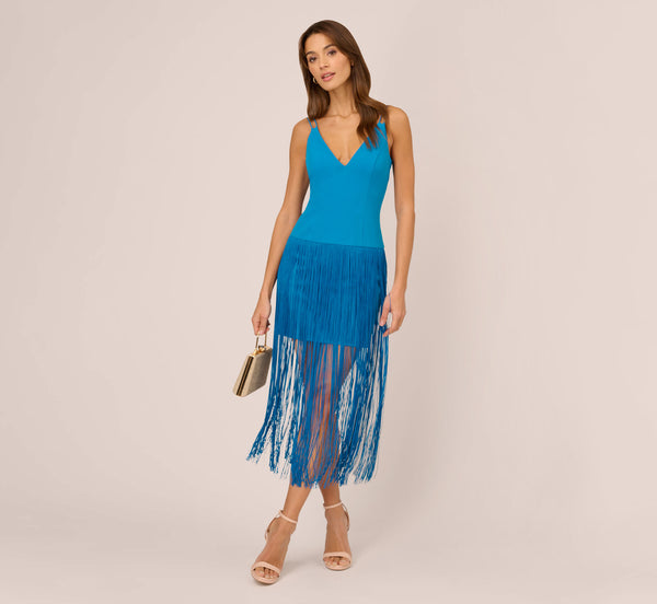 dresses with fringes and border of blue Crepe Fringe Dress Double Spaghetti Straps V Back In Deep Cerulean style_one_shoulder Women's Silk Straight Neck Size:S / AU8 / UK8 / US4 High Slit