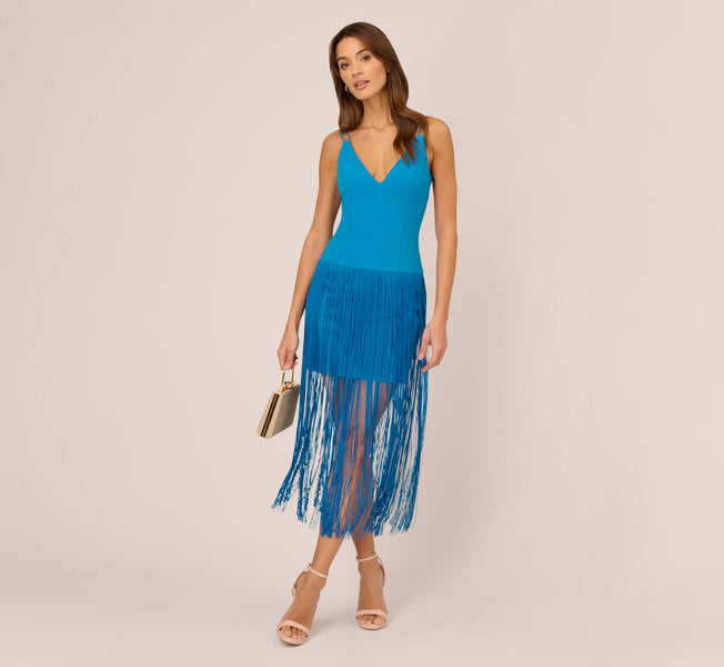 Crepe Fringe Dress With Double Spaghetti Straps And V Back In Deep Cerulean Deep Cerulean / Regular / 2