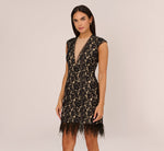Cap Sleeve Lace Cocktail Dress With Feather Trim In Black Nude 2