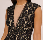 Cap Sleeve Lace Cocktail Dress With Feather Trim In Black Nude 3