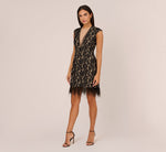 Cap Sleeve Lace Cocktail Dress With Feather Trim In Black Nude 7