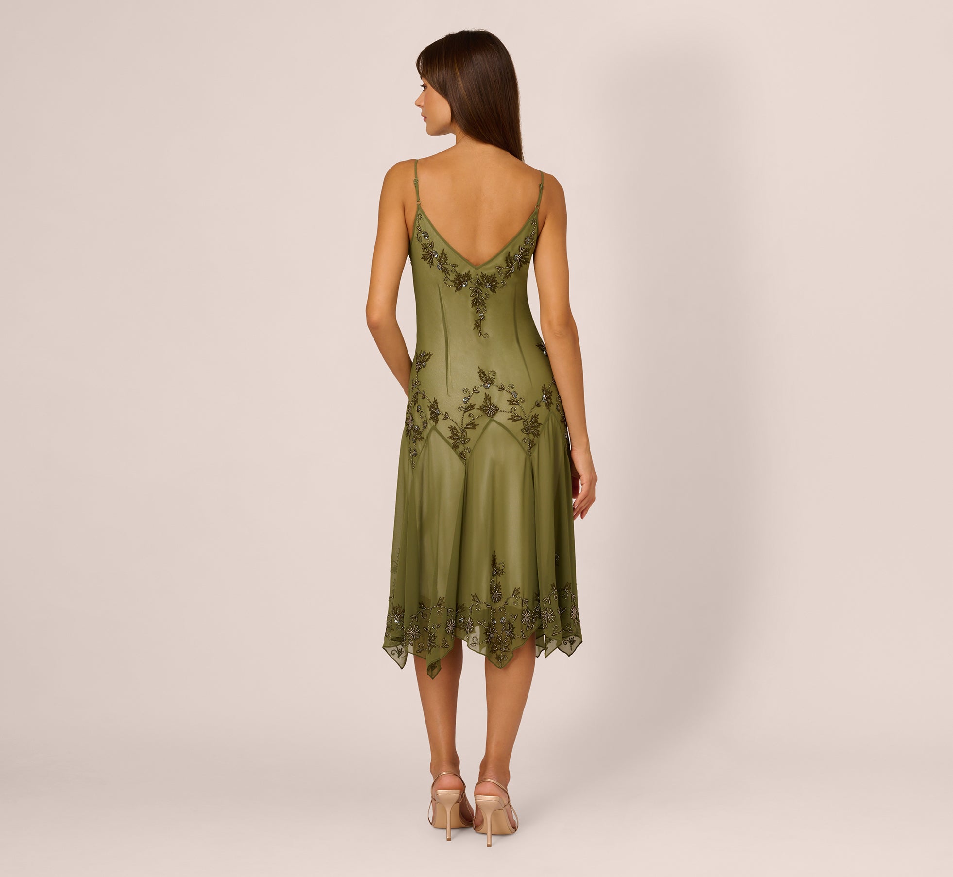 Dark Green Vintage Beaded Midi Fairy Dress With Sharkbite Hem - Adrianna Papell Dark Green Vintage Beaded Midi Fairy Dress With Sharkbite Hem - Adrianna Papell