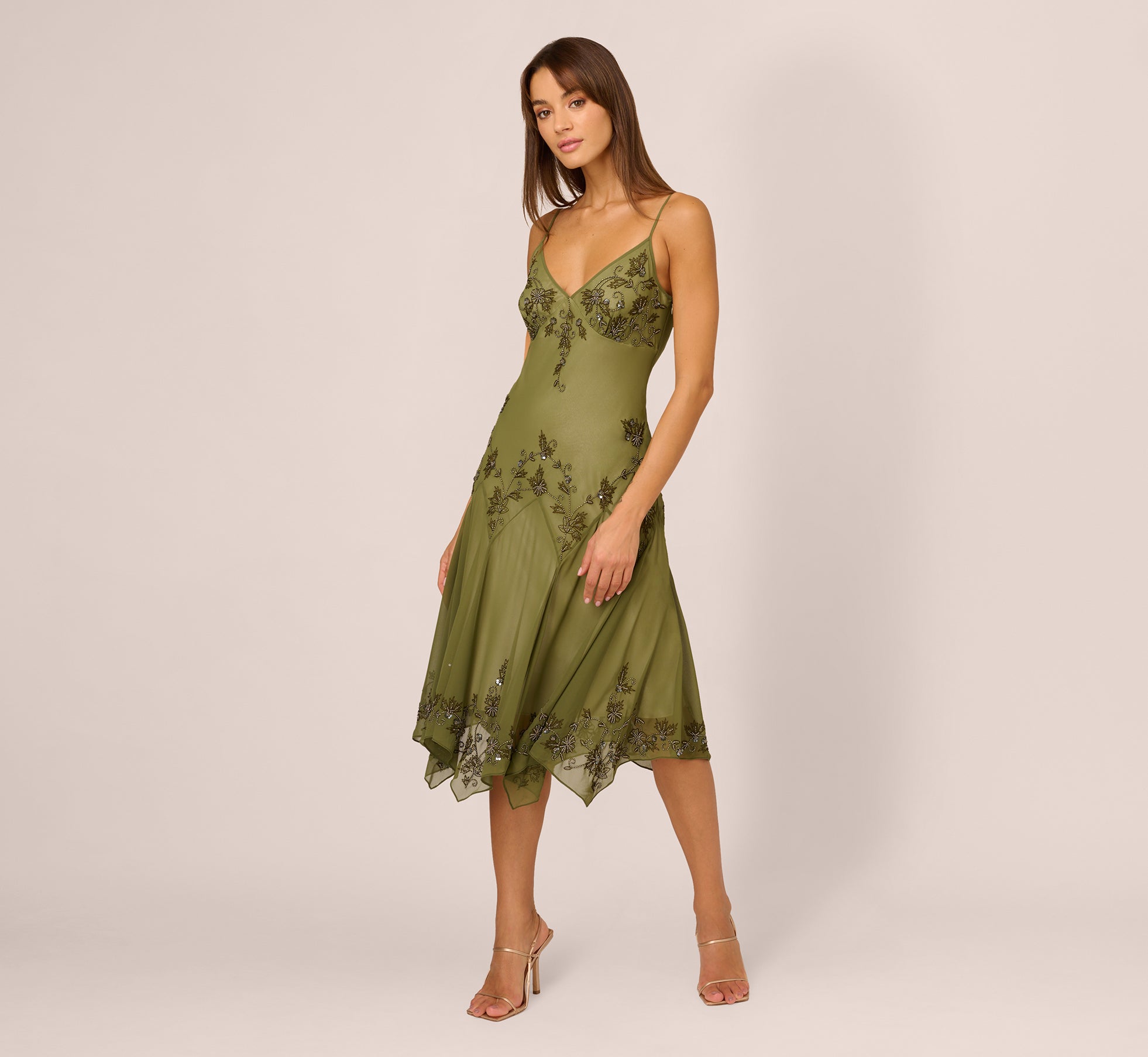 Vintage Beaded Midi Fairy Dress With Sharkbite Hem In Olive-Olive / Regular / 0 Vintage Beaded Midi Fairy Dress With Sharkbite Hem In Olive-Olive / Regular / 0