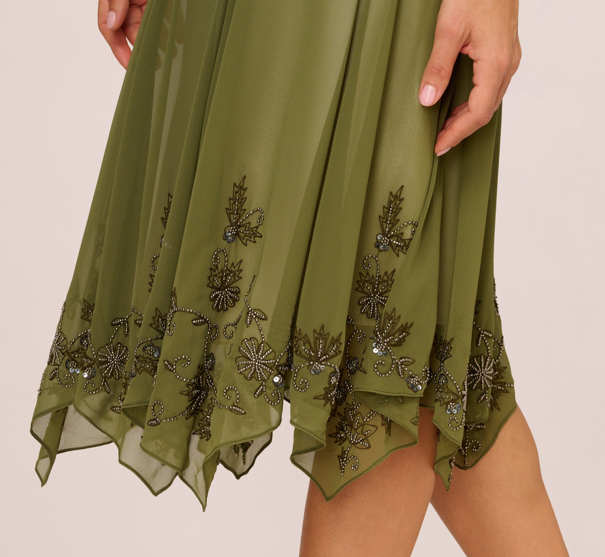 Dark Green Vintage Beaded Midi Fairy Dress With Sharkbite Hem - Adrianna Papell Dark Green Vintage Beaded Midi Fairy Dress With Sharkbite Hem - Adrianna Papell