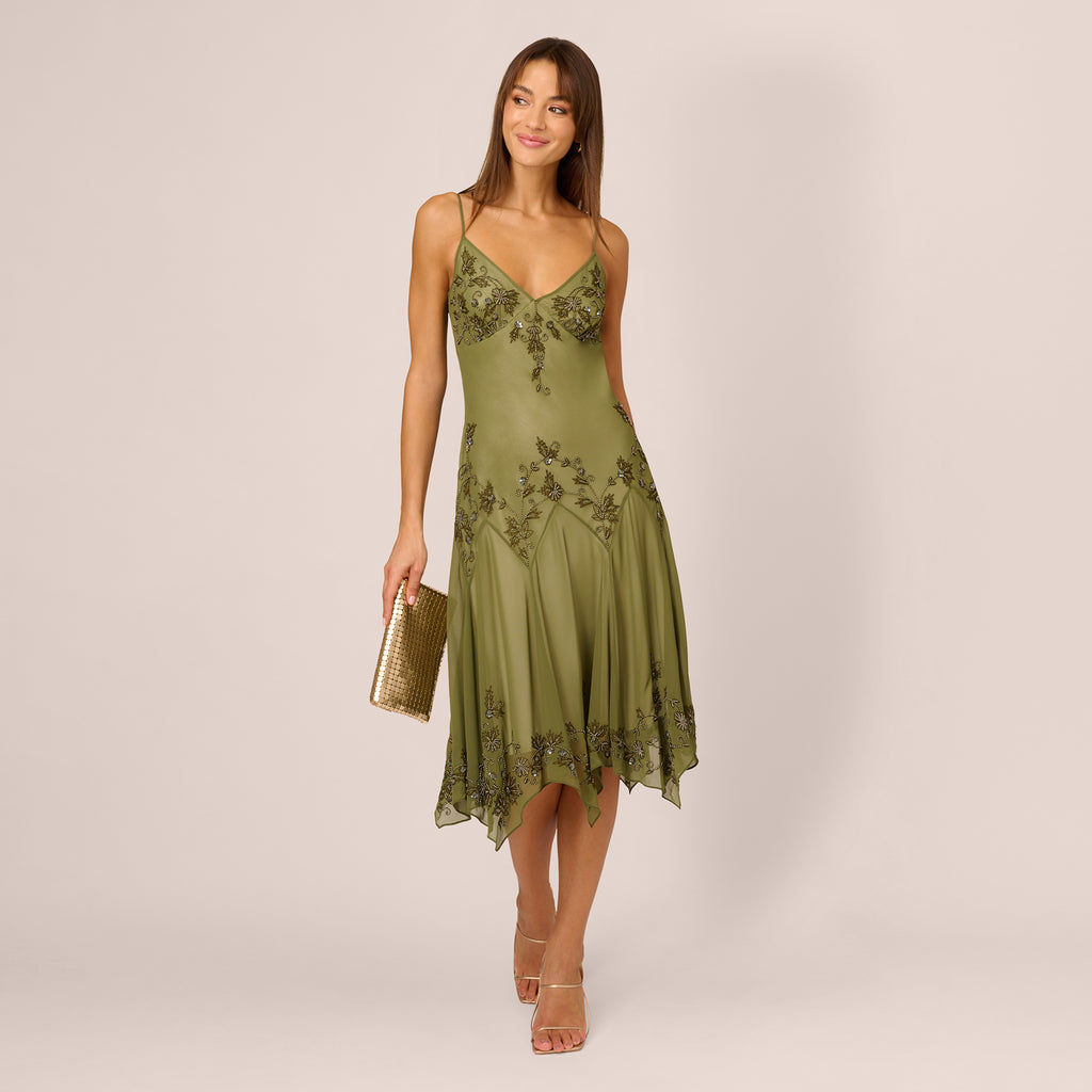 Vintage Beaded Midi Fairy Dress With Sharkbite Hem In Olive Adrianna
