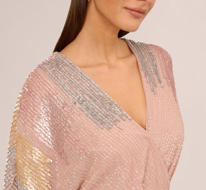 Beaded Faux Wrap Dress With Dolman Sleeves In Rose Gold