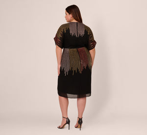 Plus Size Beaded Faux Wrap Dress With Dolman Sleeves In Black Bronze