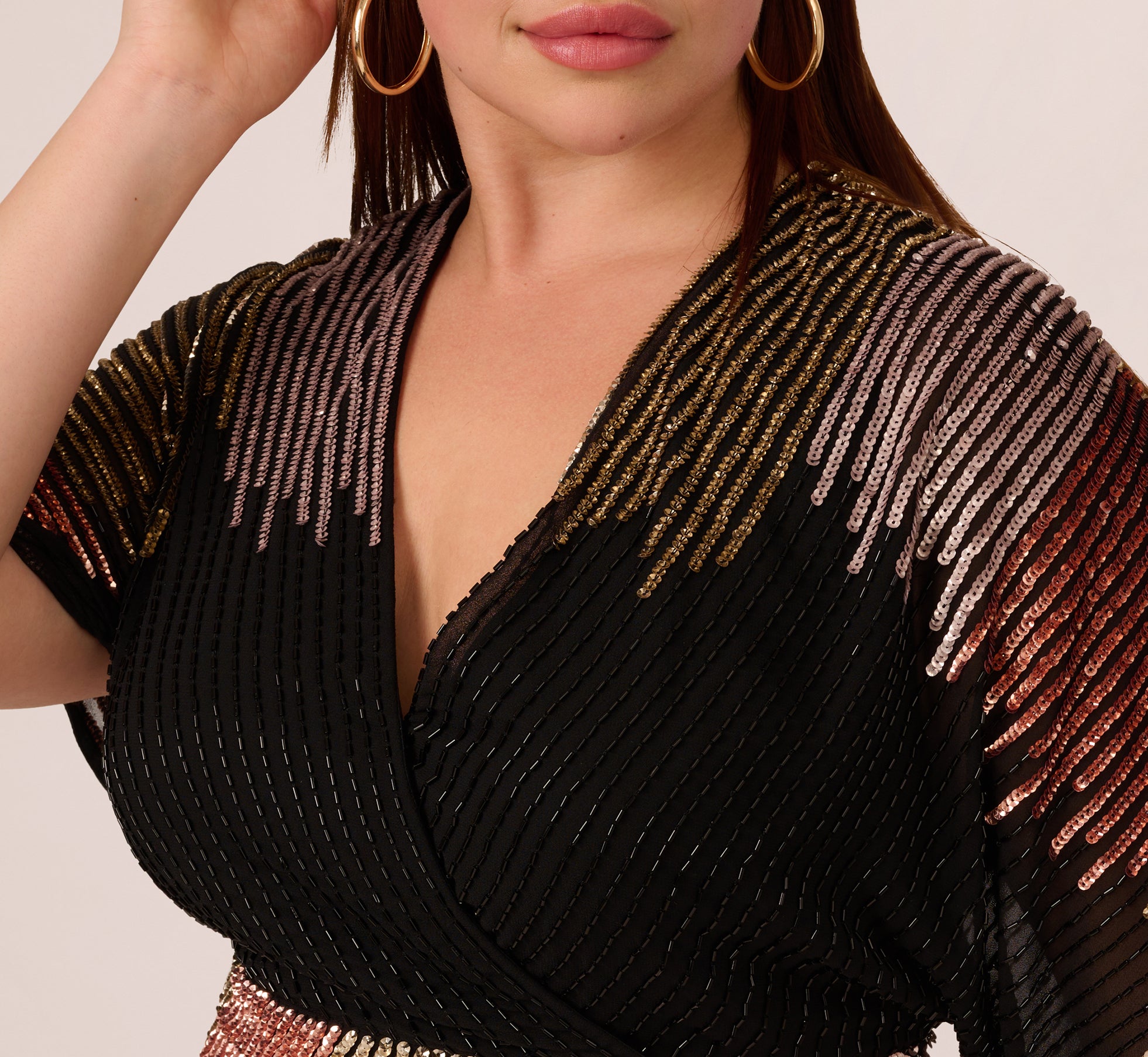 beaded faux wrap dress with dolman sleeves in rose gold Black Plus Size Beaded Faux Wrap Dress With Dolman Sleeves