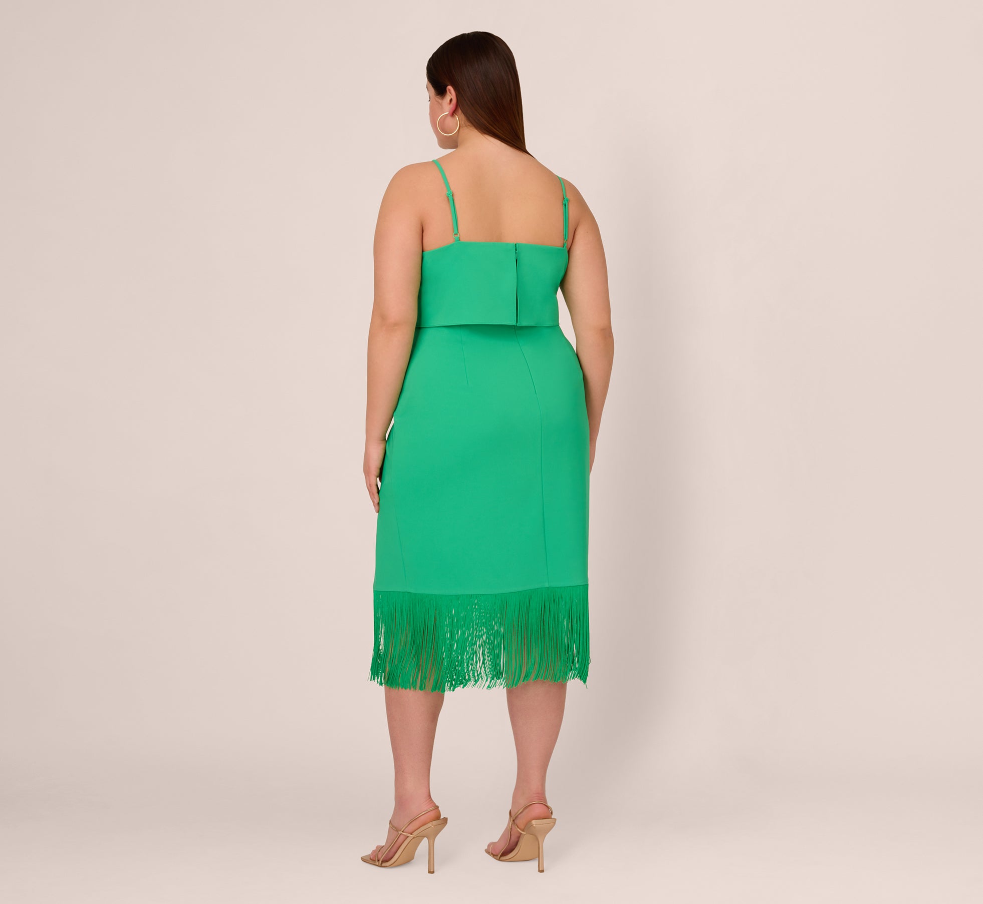 Plus Size Stretch Crepe Popover Midi Dress With Fringe Hem In Summer Green 1