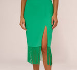 Stretch Crepe Popover Midi Dress With Fringe Hem In Summer Green 4