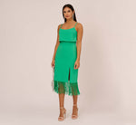 Stretch Crepe Popover Midi Dress With Fringe Hem In Summer Green 1