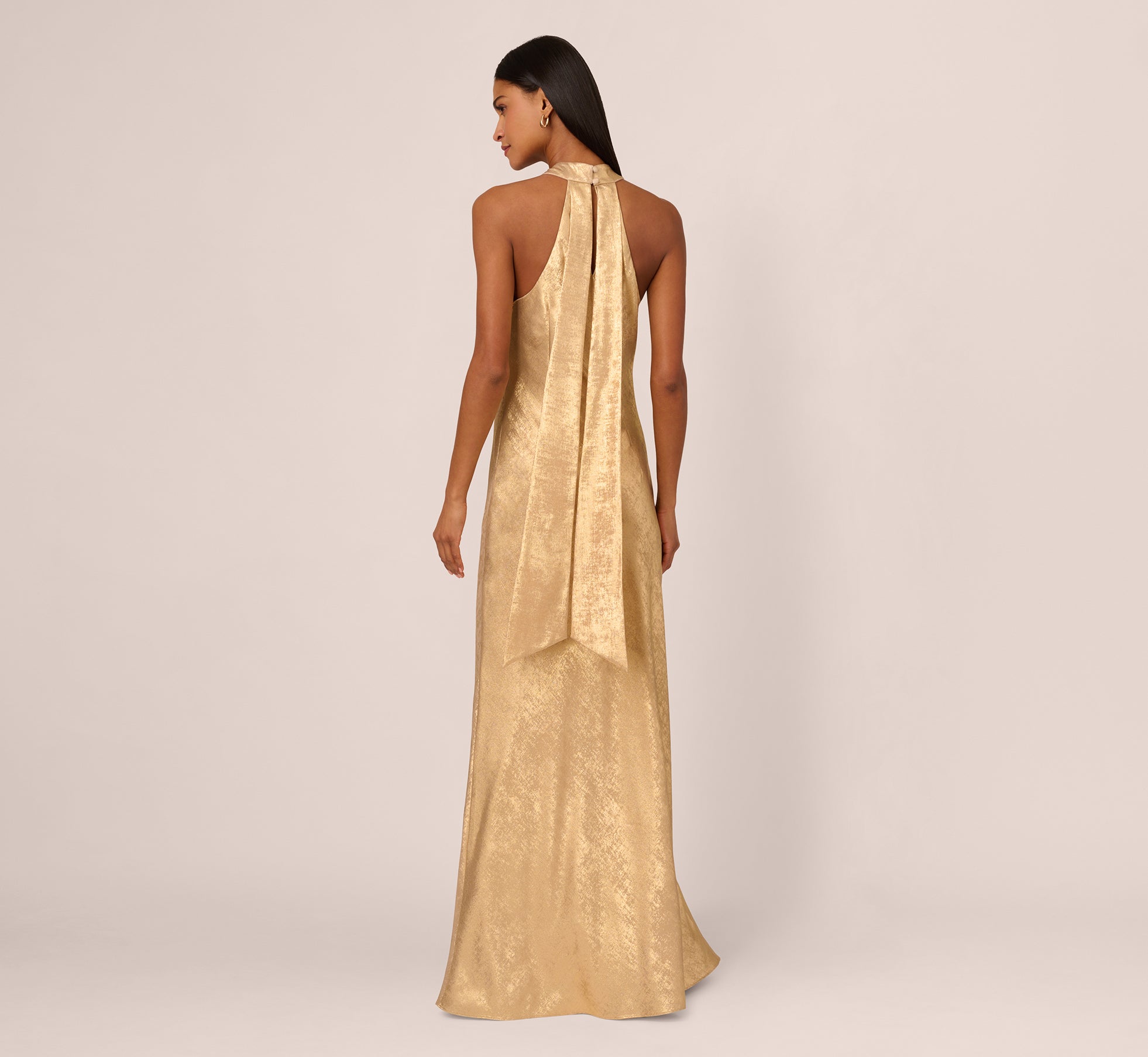 Light Gold Foiled Mermaid Gown With Halter Neckline - Adrianna Papell Light Gold Foiled Mermaid Gown With Halter Neckline - Adrianna Papell