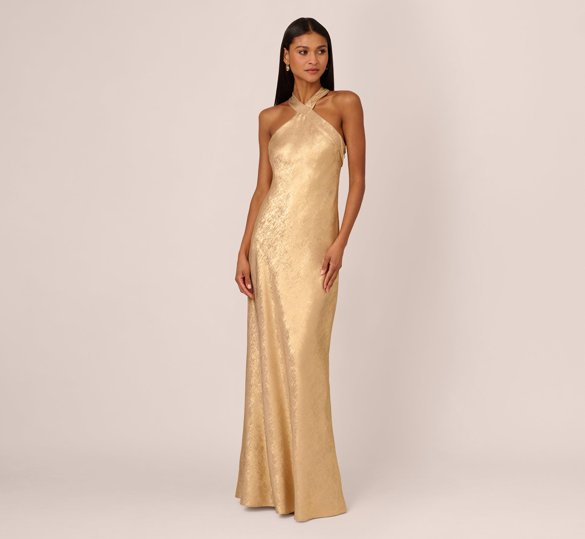 Gold Foiled Mermaid Gown With Halter Neckline - Adrianna Papell Gold Foiled Mermaid Gown With Halter Neckline - Adrianna Papell