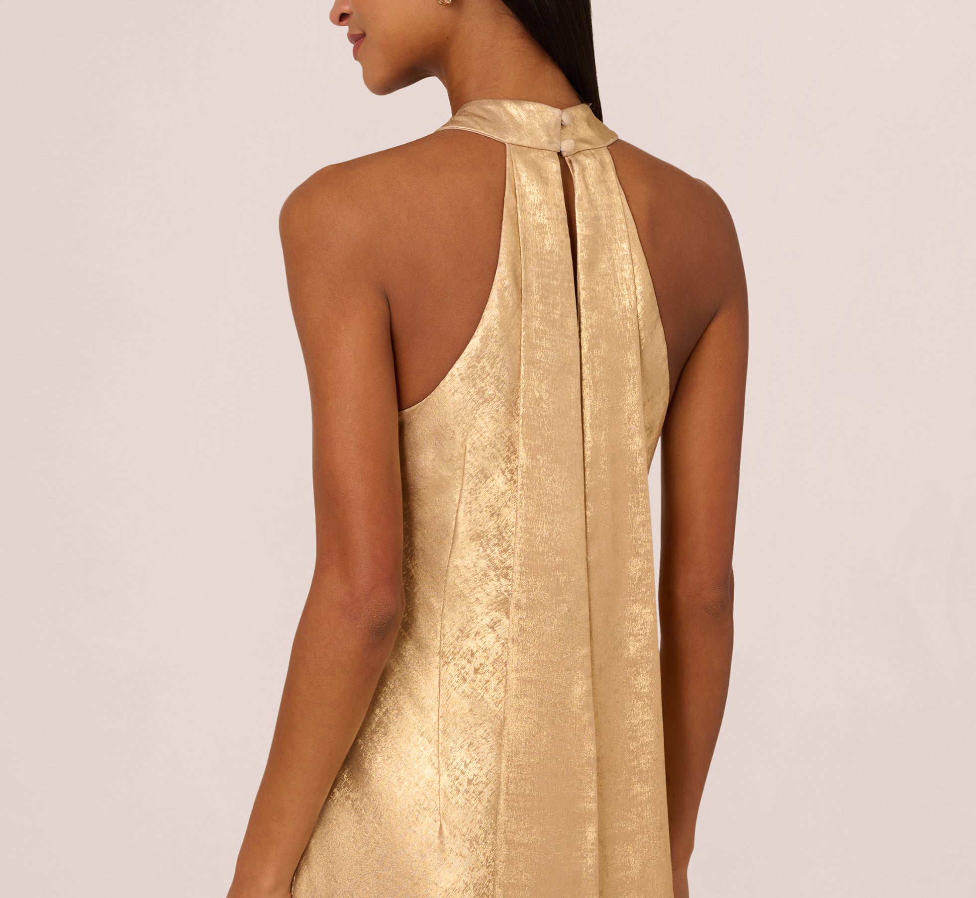 Light Gold Foiled Mermaid Gown With Halter Neckline - Adrianna Papell Light Gold Foiled Mermaid Gown With Halter Neckline - Adrianna Papell
