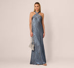 Foiled Mermaid Gown With Halter Neckline In French Blue 1