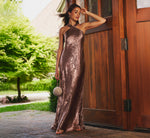 Foiled Mermaid Gown With Halter Neckline In Mocha 1