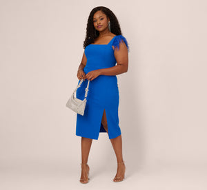 Plus Size Knit Crepe Midi Dress With Feather Shoulder Accents In Dark Cobalt