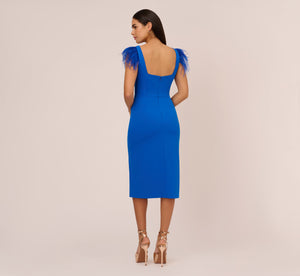 Knit Crepe Midi Dress With Feather Shoulder Accents In Dark Cobalt