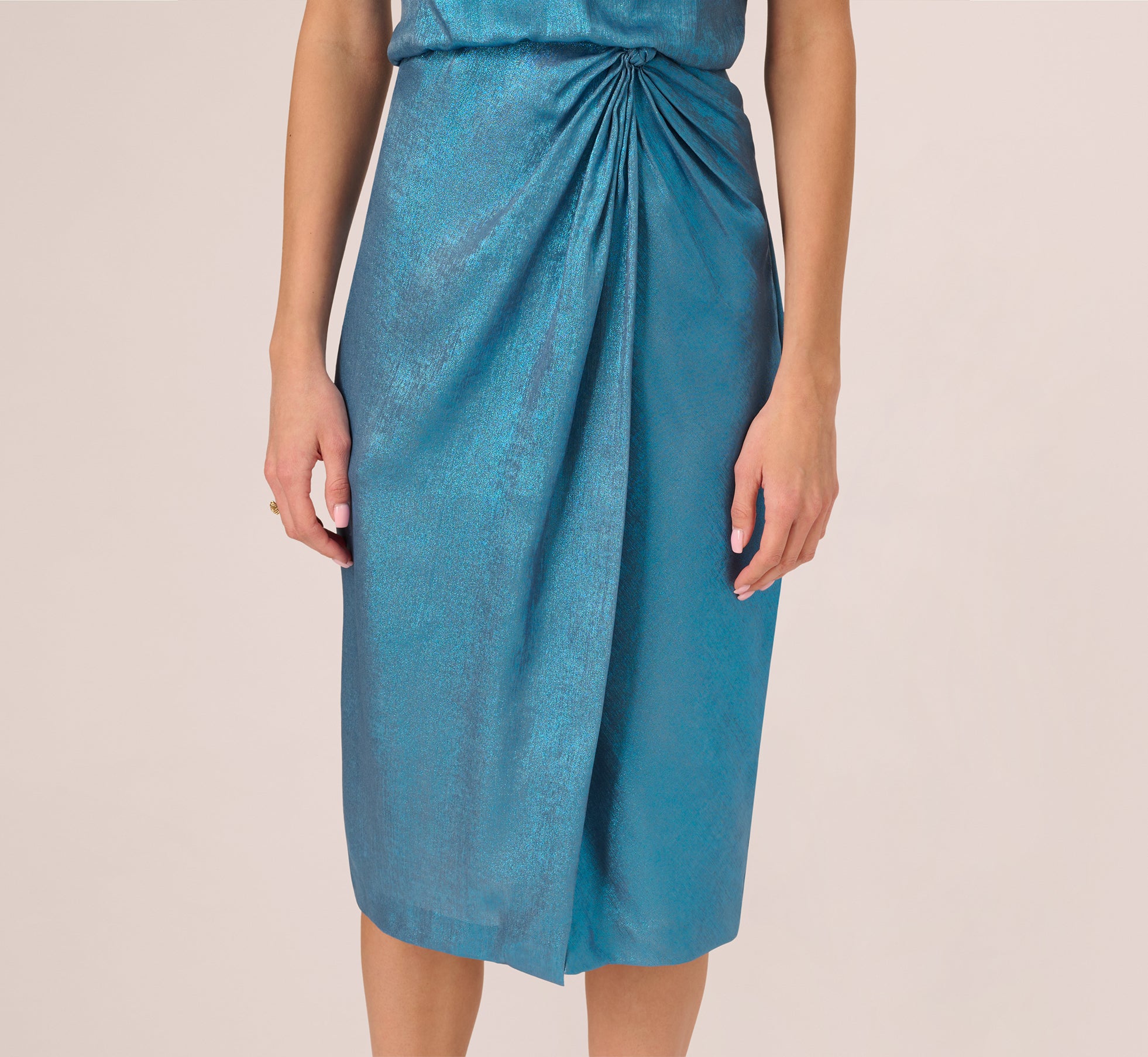 frame faux wrap midi dress Blue Foil Blouson Midi Dress With Faux Wrap Skirt